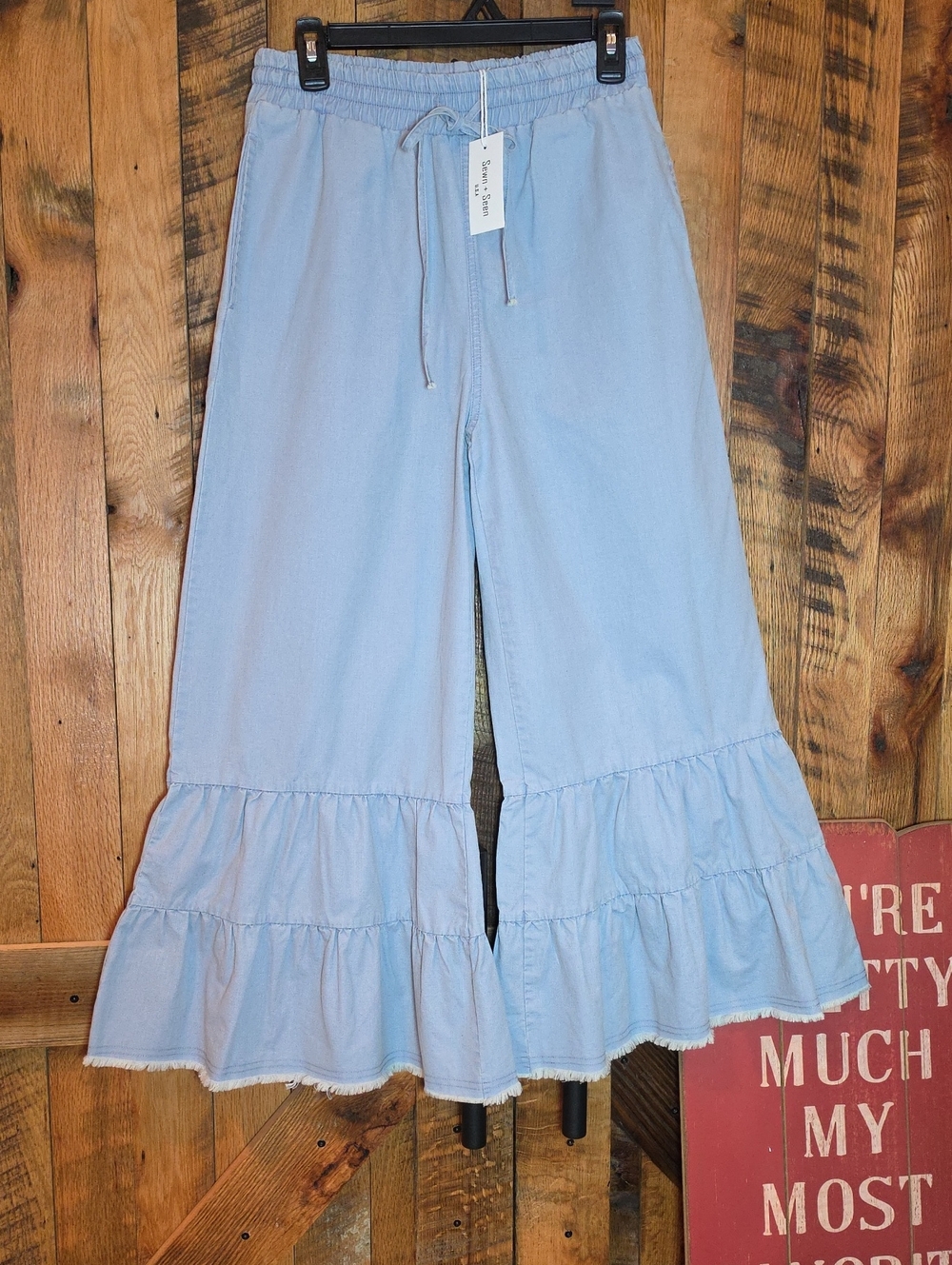 203p Sewn And Seen Tiered Ruffle-Hem Wide Leg Pants in Light Blue